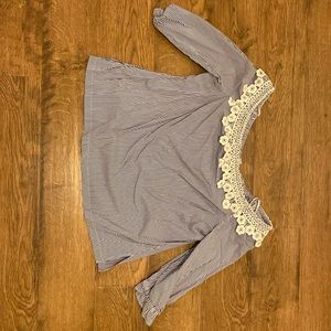Blue and white striped off the shoulder top with white floral appliqué collar